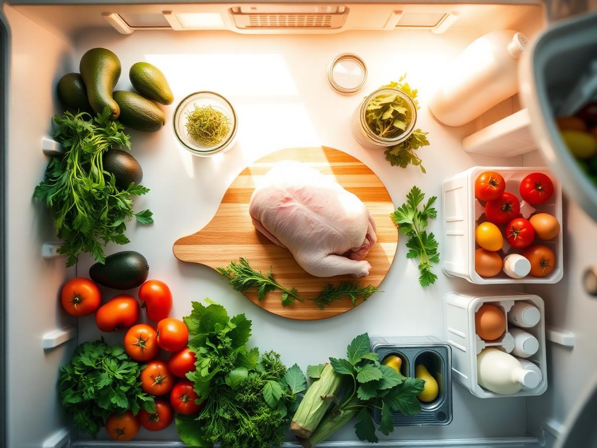 Interior de nevera con ingredientes frescos